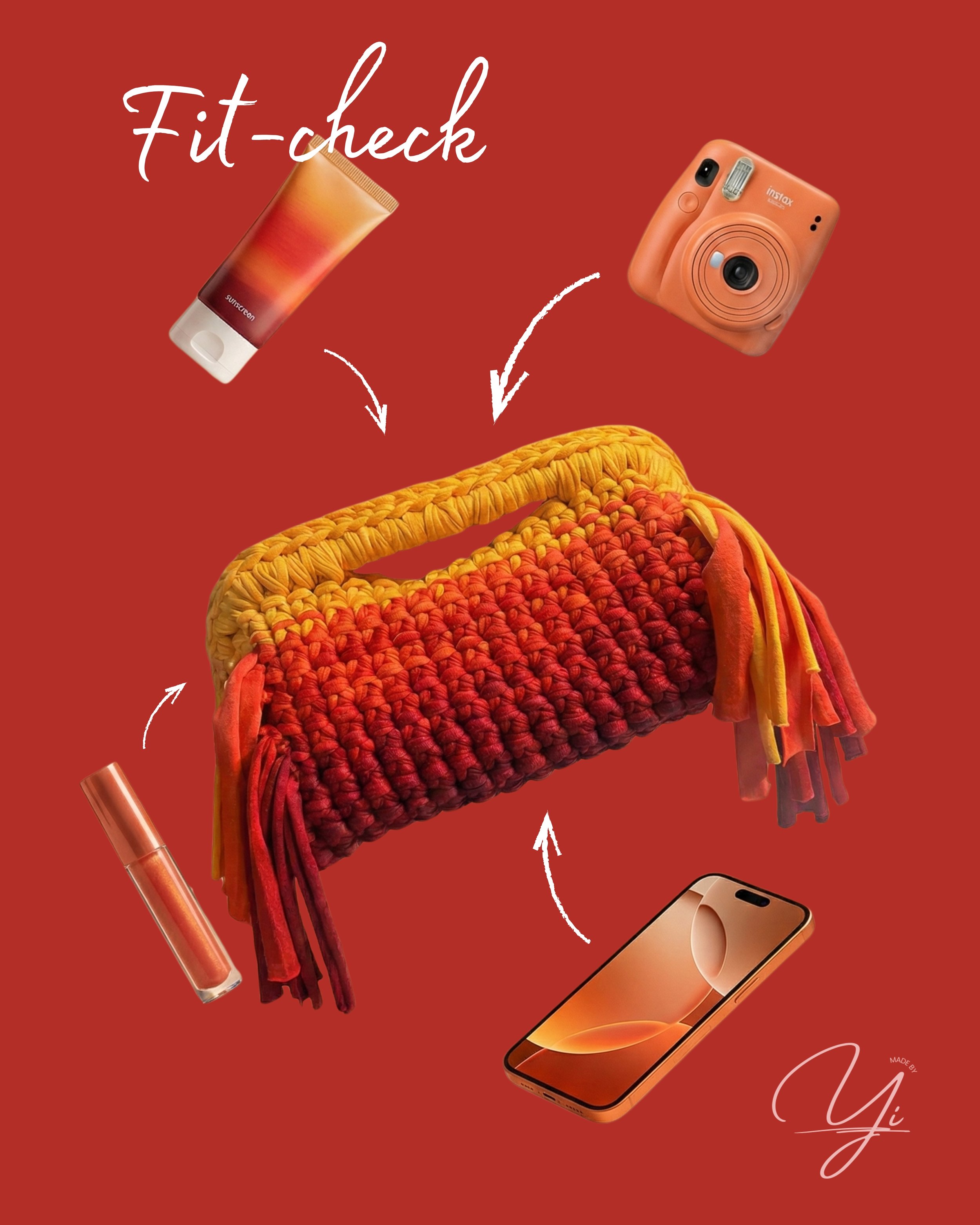 A colorful, woven handbag with a red to yellow gradient on a red background, surrounded by beauty and tech items including skincare, a camera, lipstick, and a smartphone, with text saying 'Fit-check'.