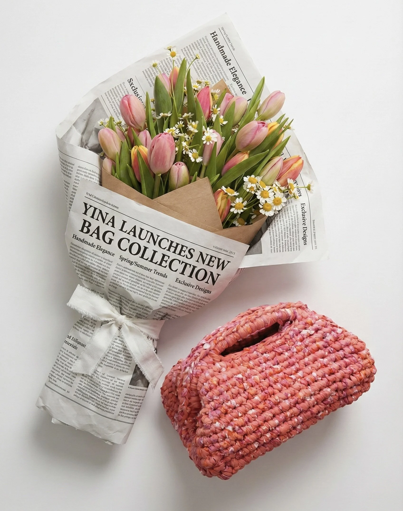 Bouquet of pink tulips and small white daisies wrapped in newspaper with a pink woven clutch on a white surface.
