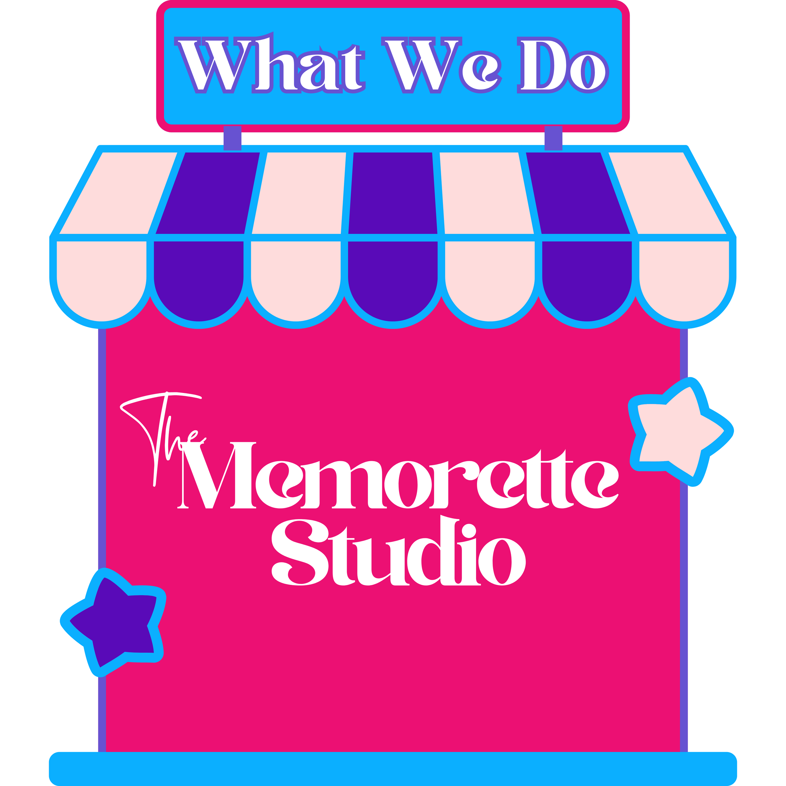 Picture of a little house that says "What We Do" at the top and The Memorette Studio