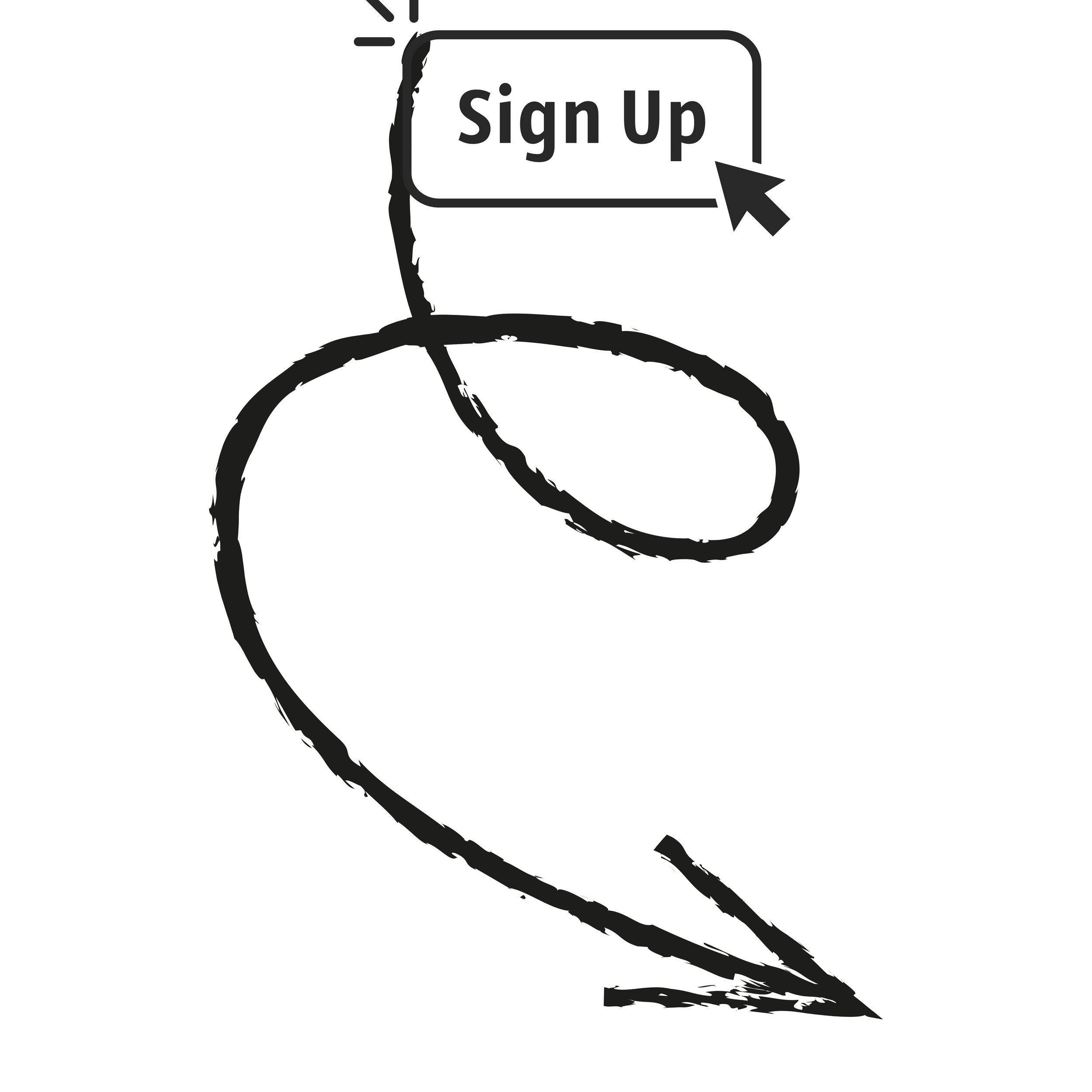 A hand-drawn arrow pointing downward with a cloud-shaped box that says 'Sign Up' .