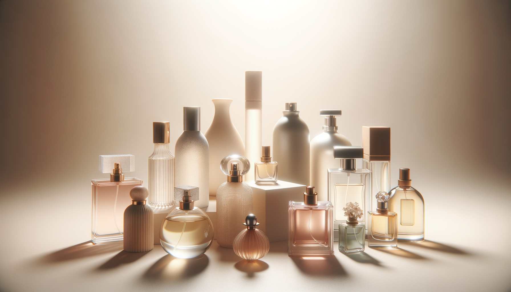 A collection of various perfume bottles in neutral tones arranged on a surface with soft lighting and shadows.