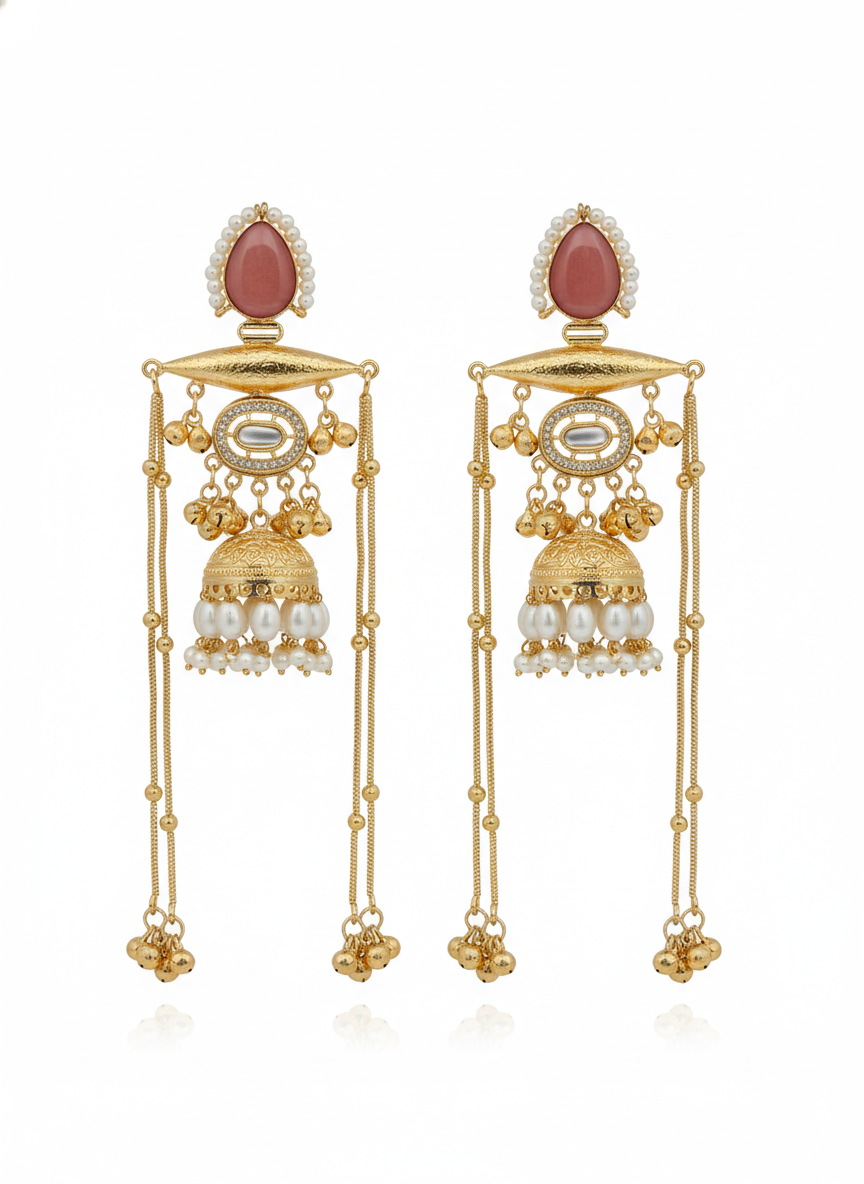 Kashmiri Long Earrings with Peach Stone
