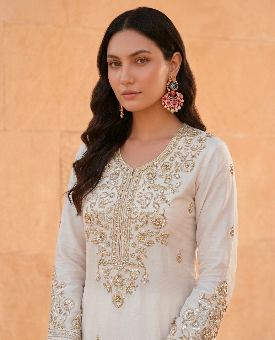 Model with Peacock Handpainted Earrings with stones.png