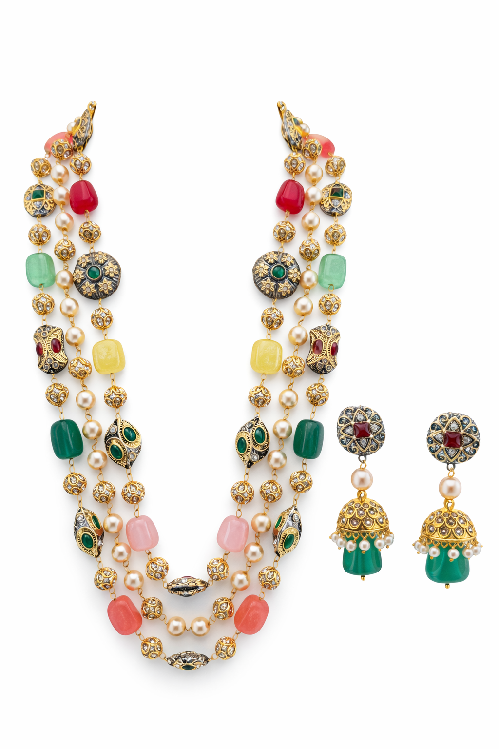 Multi Color Stone & Pearls Three Layer Necklace Set