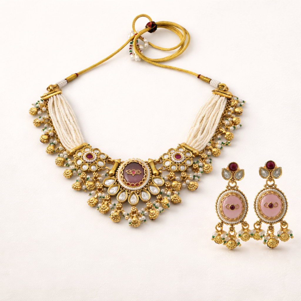 Golden Pota Stone and Pearl Necklace Set