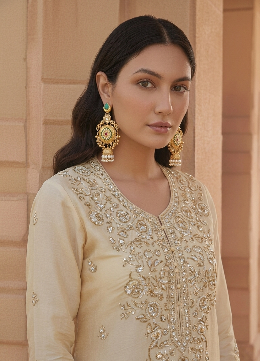 Model with Rajwadi Jhumka with Green Stone.png