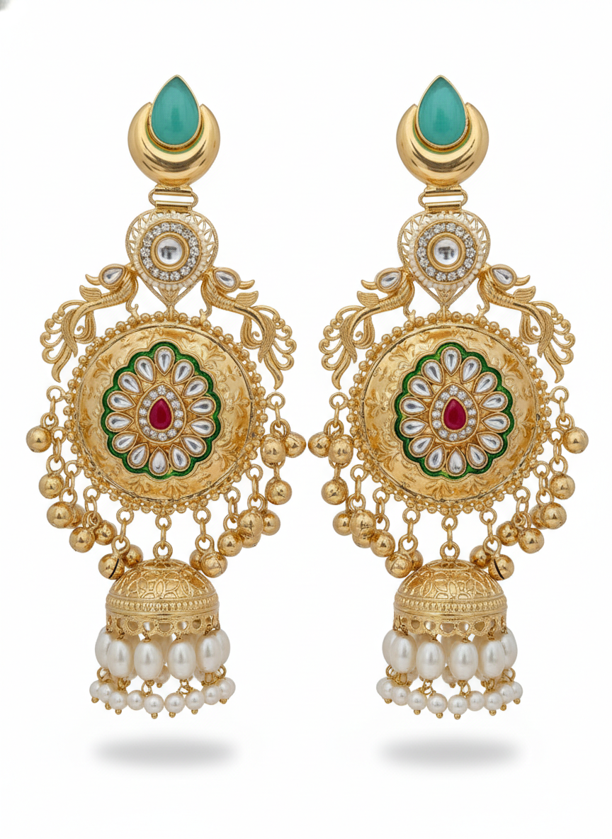 Rajwadi Jhumkas with Green Stone