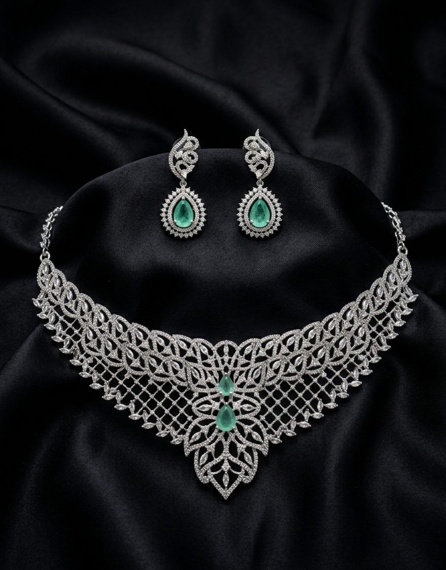 American Diamond Necklace Set with Green Stone