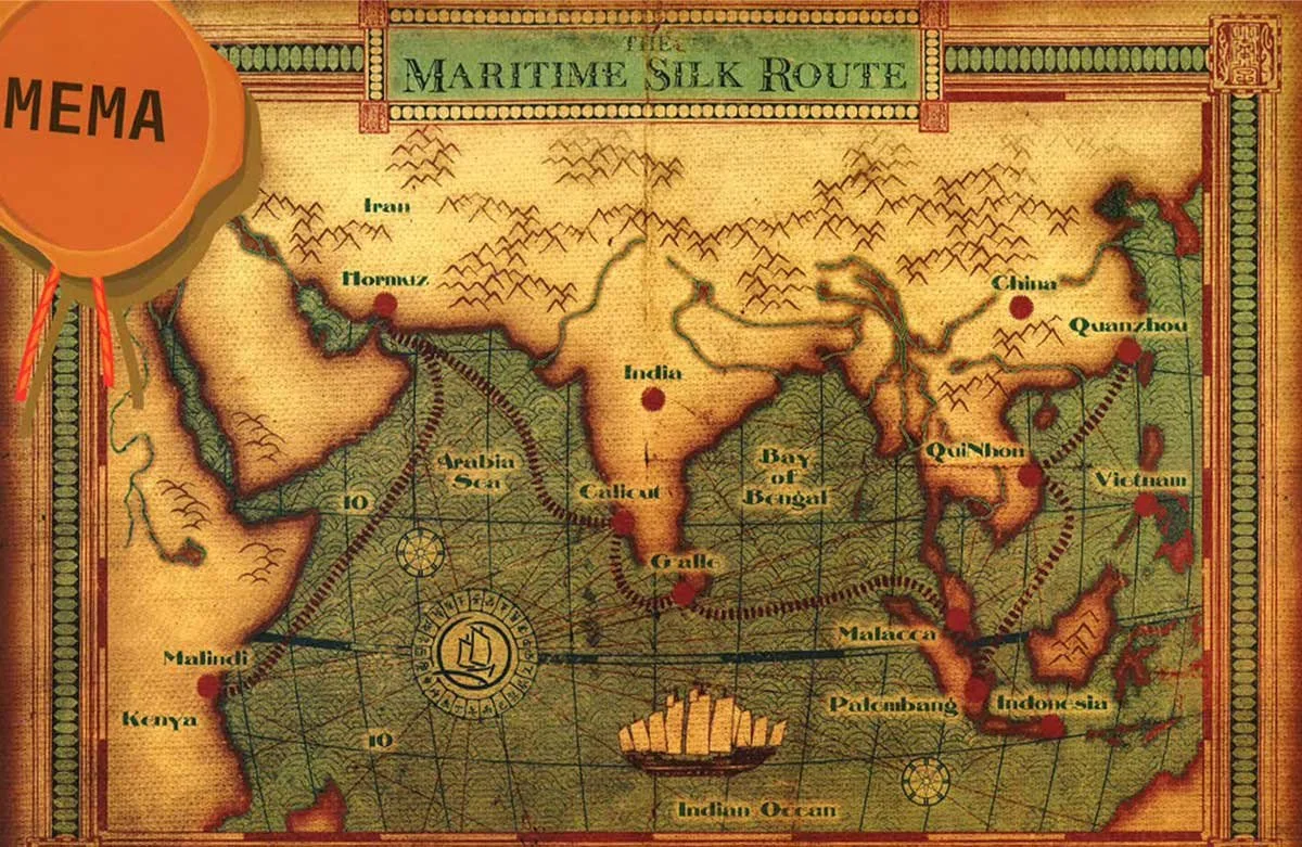 Map titled 'The Maritime Silk Route' showing Asia, Africa, and parts of the Middle East, with marked cities and trade routes connecting China, Vietnam, Indonesia, India, and Middle Eastern countries.