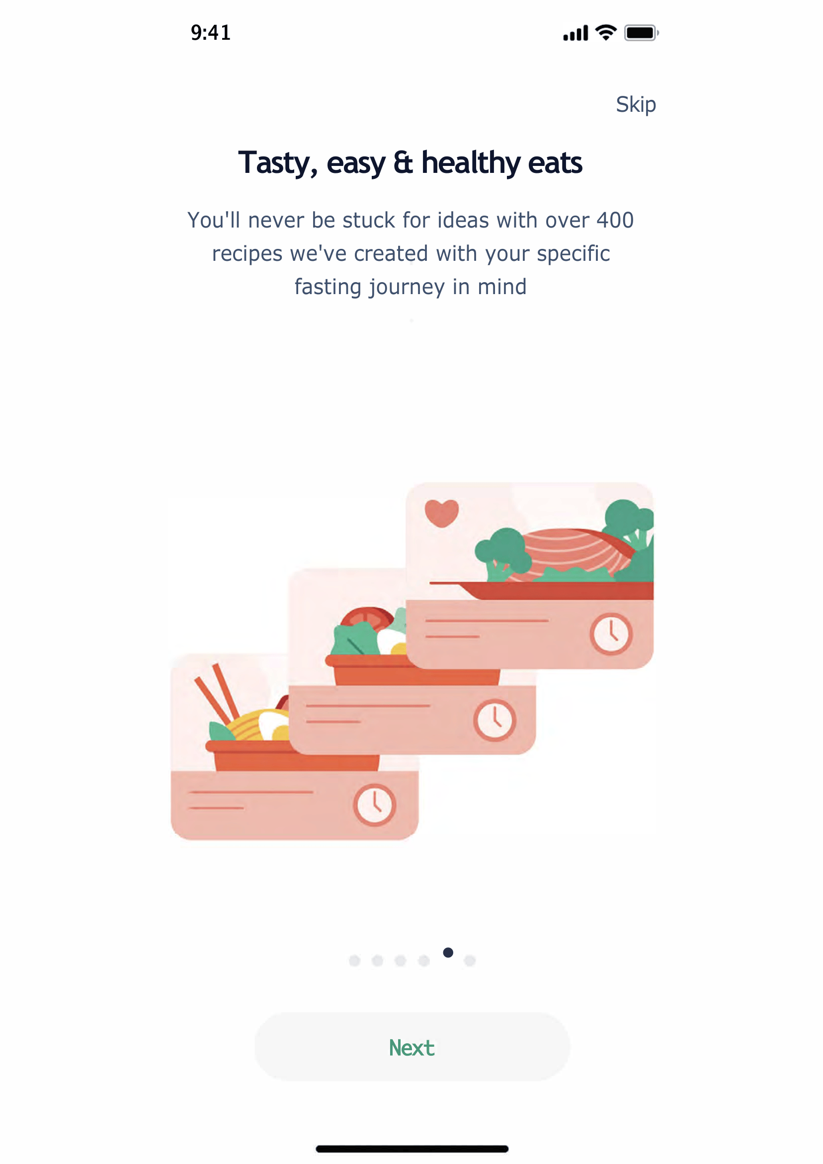 Screen of a mobile app with the title 'Tasty, easy & healthy eats' and a subtitle about creating recipes for a fasting journey, featuring illustrations of various healthy meals in pinkish-red bowls with a clock icon.