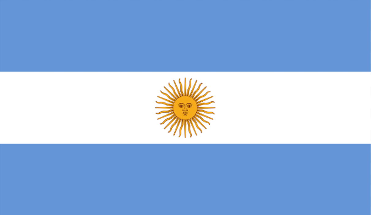Rectangular national flag of Argentina, blue and white stripes with sun in the middle