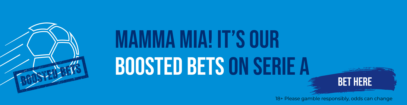 Blue promotional banner with a soccer ball graphic and text promoting boosted bets on Serie A, including a 'Bet Here' button.