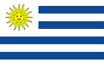 National flag of Uruguay, thin blue and white horizontal stripes, sun with face top left corner