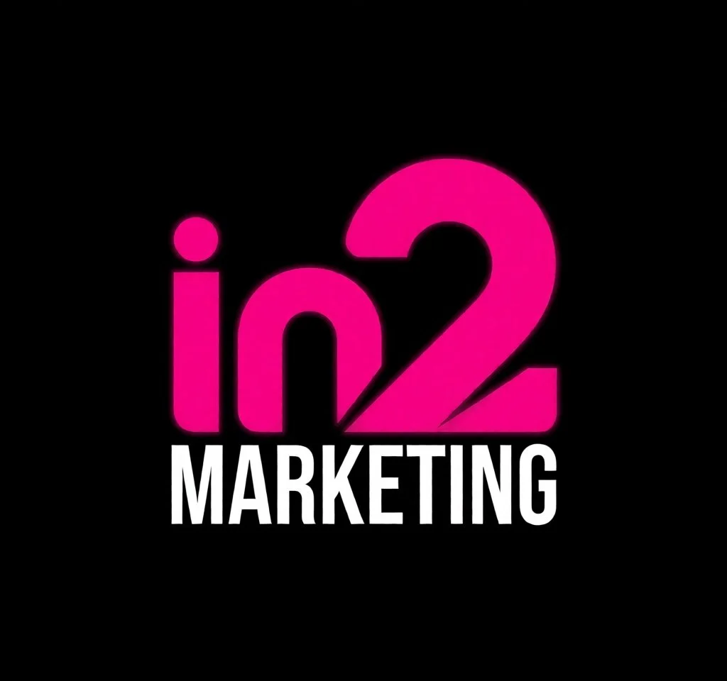 Official in2marketing logo, pink in2, white lettering black background