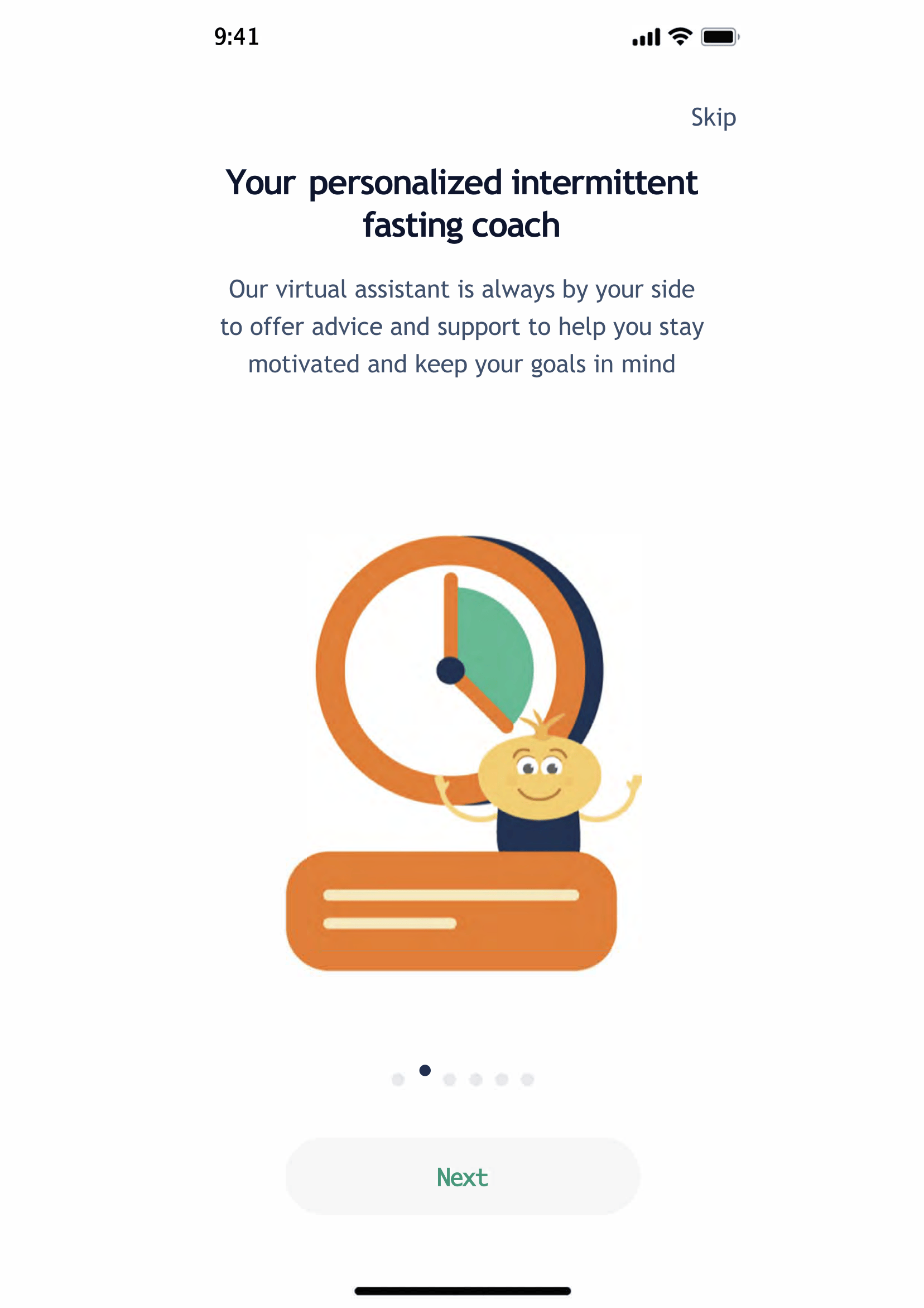 Mobile app screen displaying a personalized intermittent fasting coach with a cartoon character and a clock illustration.