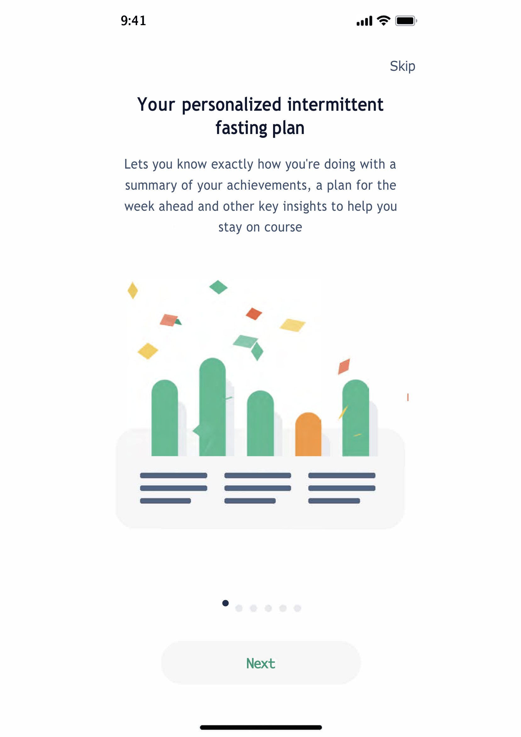 Mobile app screen showing a personalized intermittent fasting plan with an illustration of a bar chart and confetti, and options to skip or go to the next step.