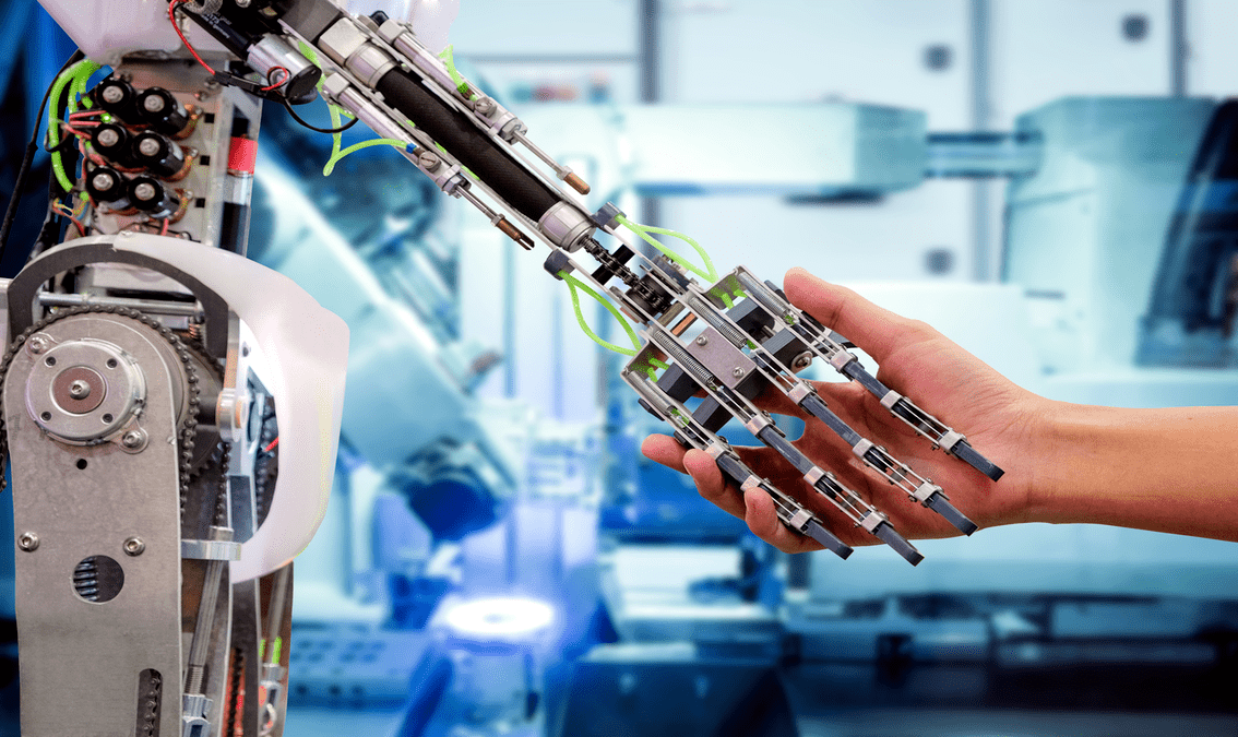 Robotic hand shaking hands with human hand