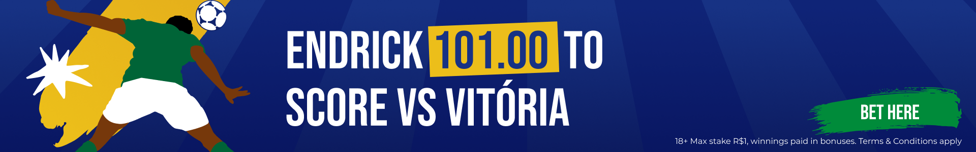 Advertisement for a soccer match between Endrick and Vitória, with a graphic of a soccer player kicking a ball and a "Bet Here" button.