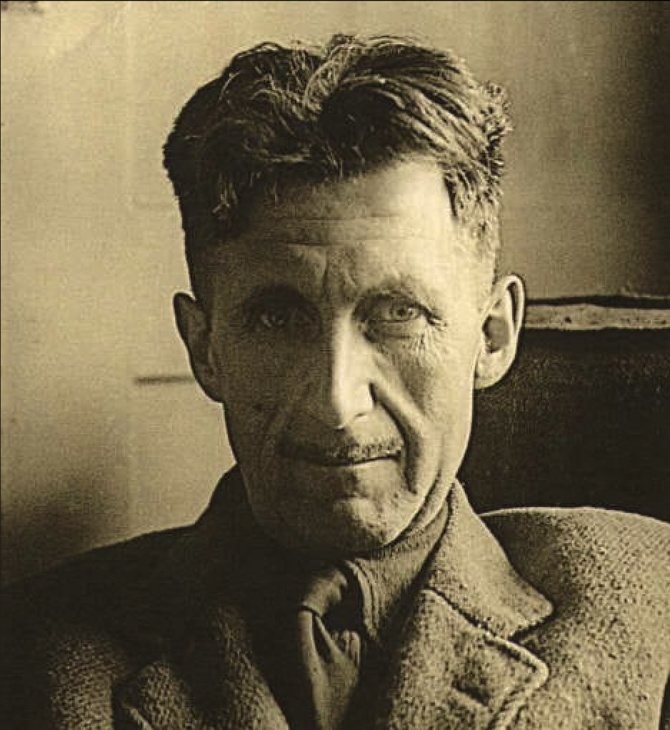 Sepia tint of a stern looking George Orwell, looking directly at the camera