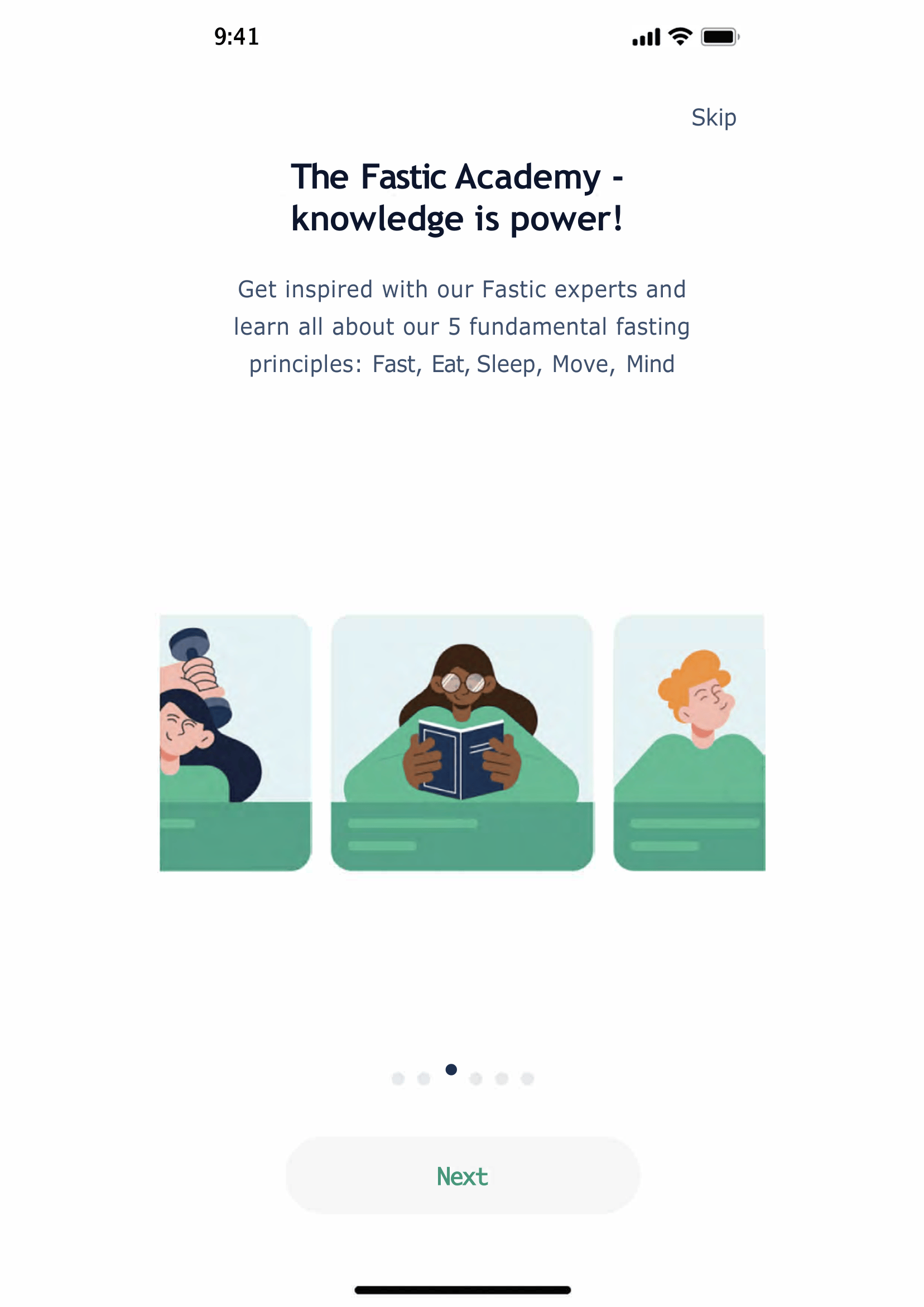 A mobile app screen showing an educational series titled 'The Fastic Academy - knowledge is power!' with illustrations of diverse children engaging in activities like lifting weights, reading, and relaxing, and a 'Next' button at the bottom.