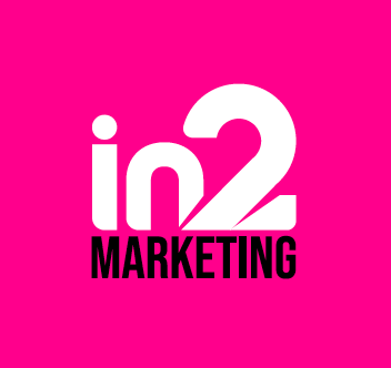 Official in2marketing logo, white in2, black lettering pink background