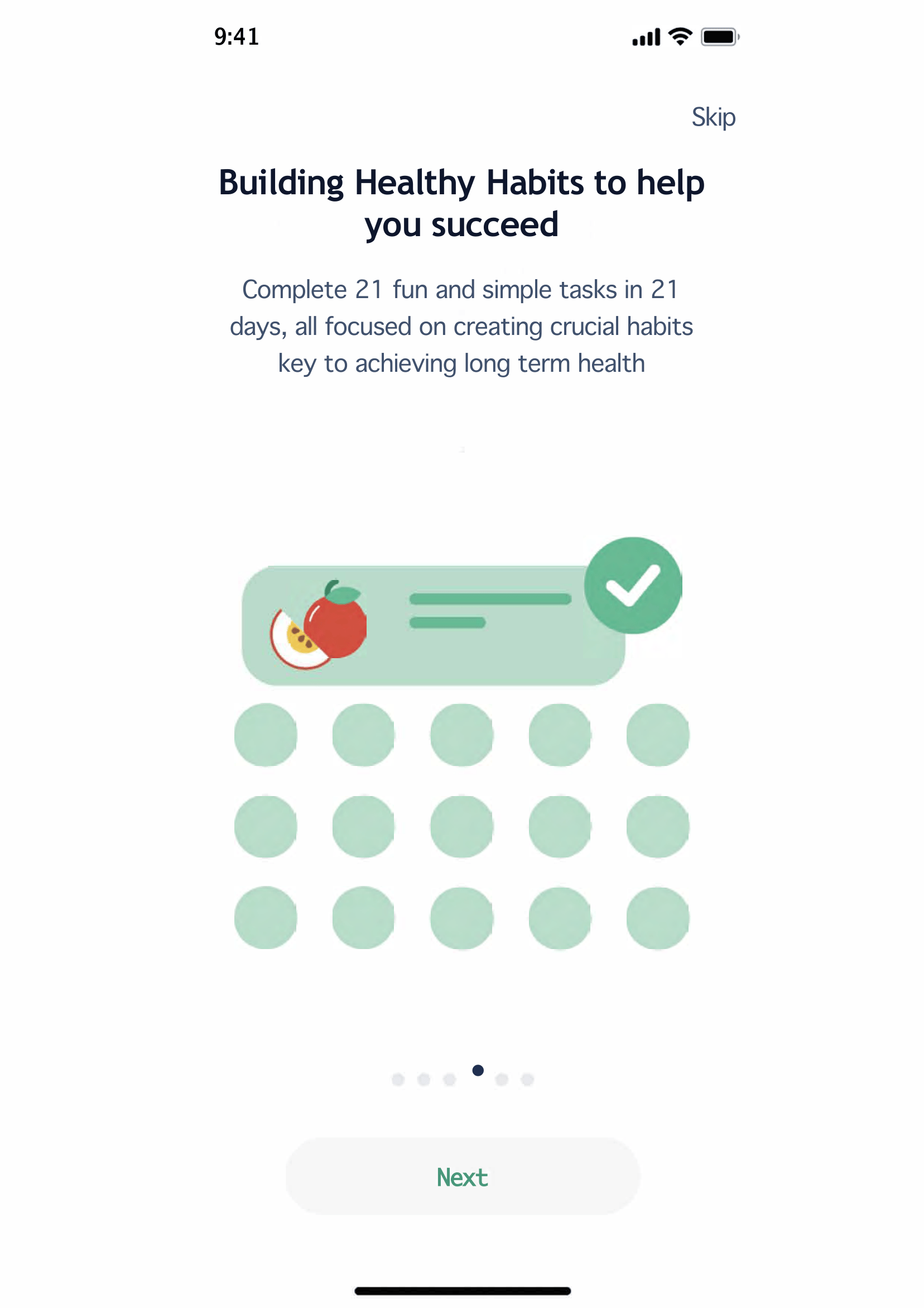 Mobile app screen showing a section to build healthy habits, with a checklist item related to eating fruits, marked with a green check. Text promotes completing 21 tasks in 21 days to create healthy habits.