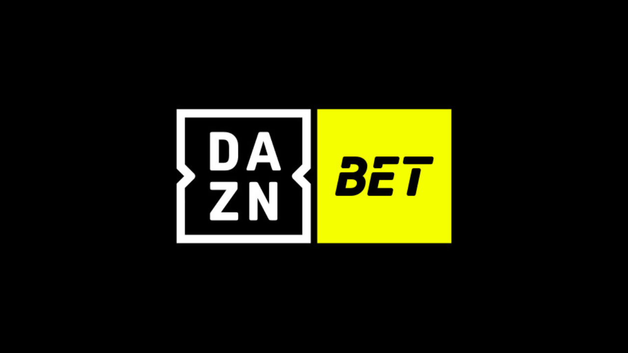 Official logo of Dazn Bet, white. yellow, black background