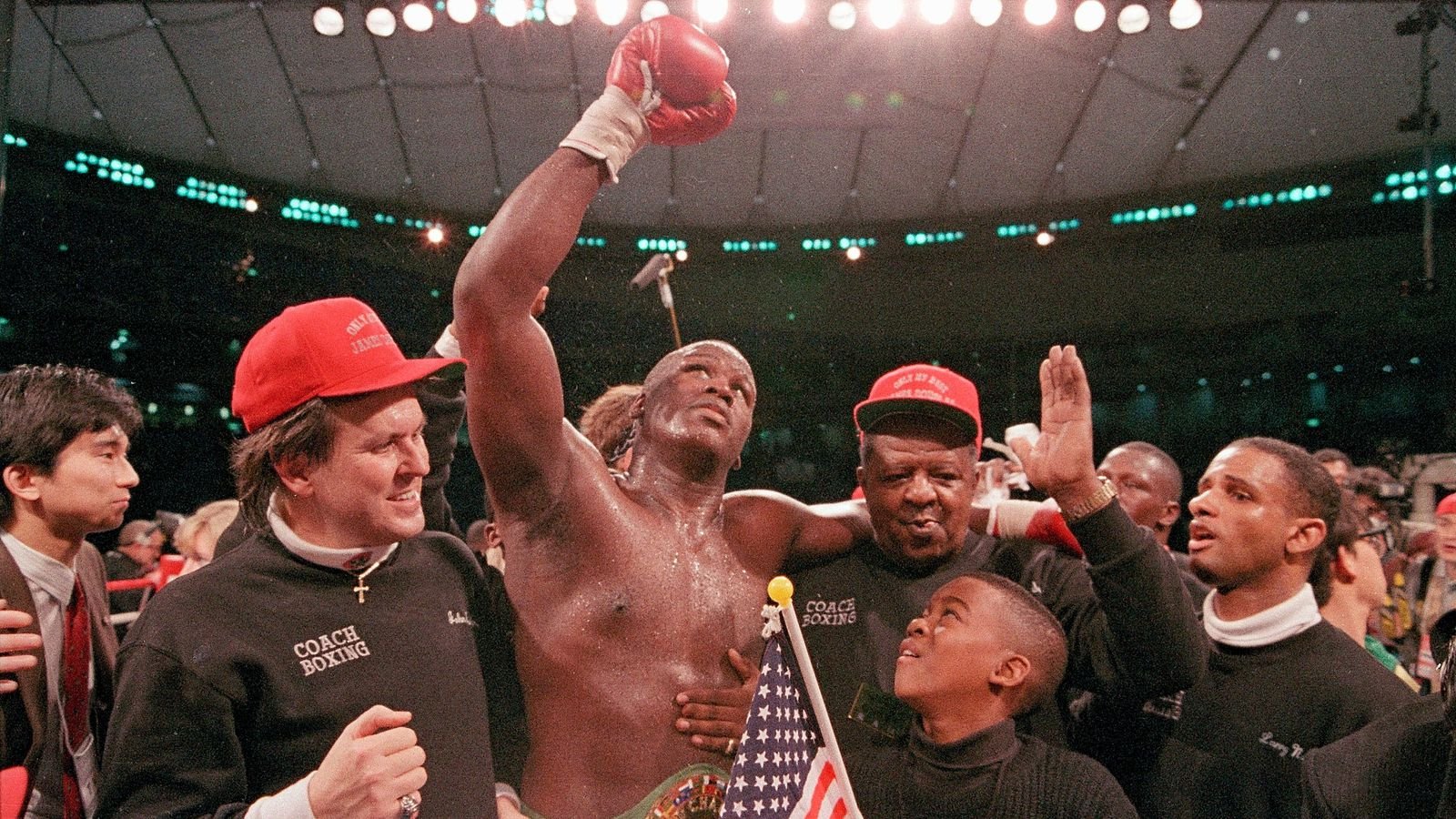 James 'Buster' Douglas celebrates his famous win against Mike Tyson, Tokyo 1990