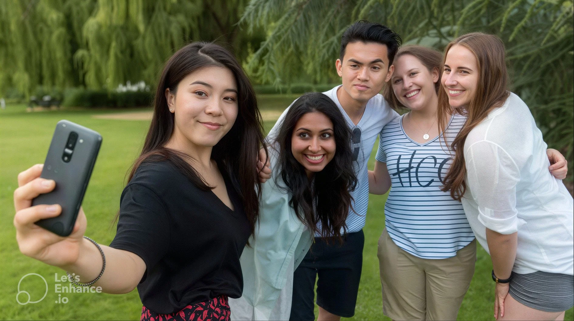 Four students taking selfie, three girls one boy