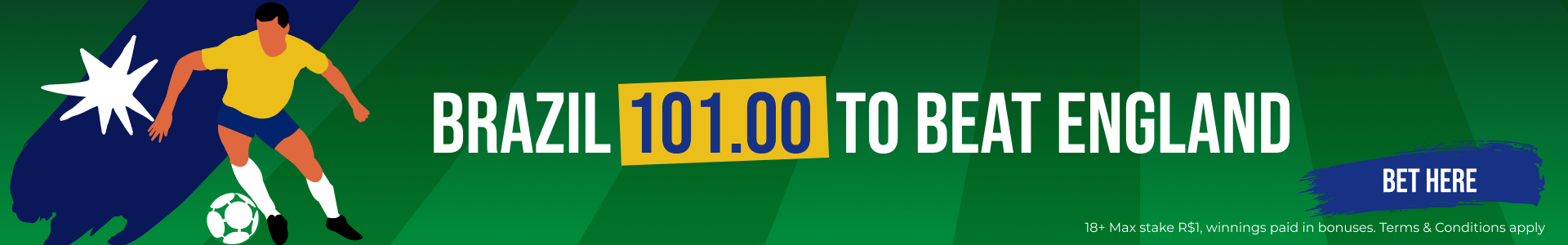 A sports betting advertisement featuring a soccer player in yellow and blue uniform kicking a soccer ball, with text promoting a betting offer on Brazil to beat England and a call-to-action button labeled "Bet Here."