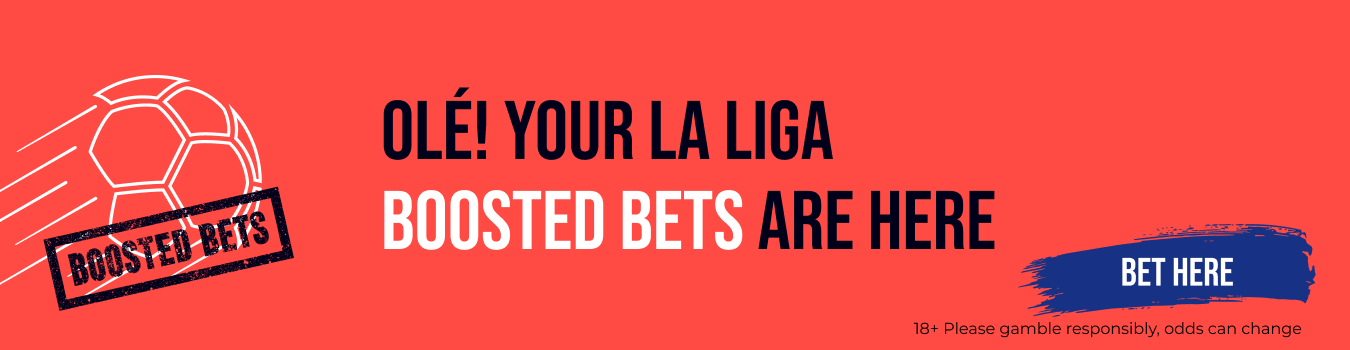 Red advertisement banner with a soccer ball graphic, bold black and white text announcing boosted bets for La Liga, with a blue 'Bet Here' button and a disclaimer about gambling responsibly.