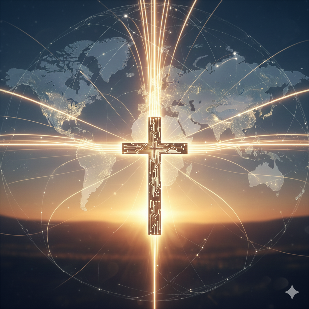 A digital cross with circuit patterns overlaying a world map and glowing light streaks radiating outward, symbolizing global connectivity and technology.
