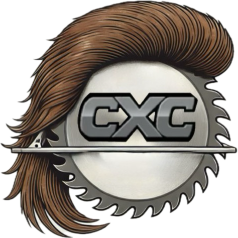 A logo with a circular saw blade, brown mullet, and the initials CXC in the center.
