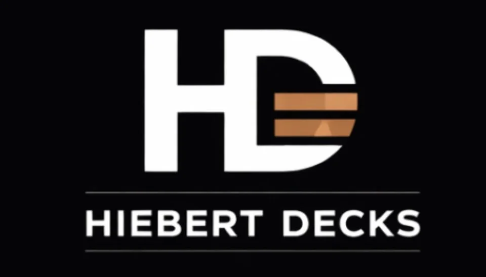 Logo for Hiebert Decks with bold white letters 'HD' and the words 'Hiebert Decks' beneath, black background, stylized brown & transparent stripes inside the letter 'D'.