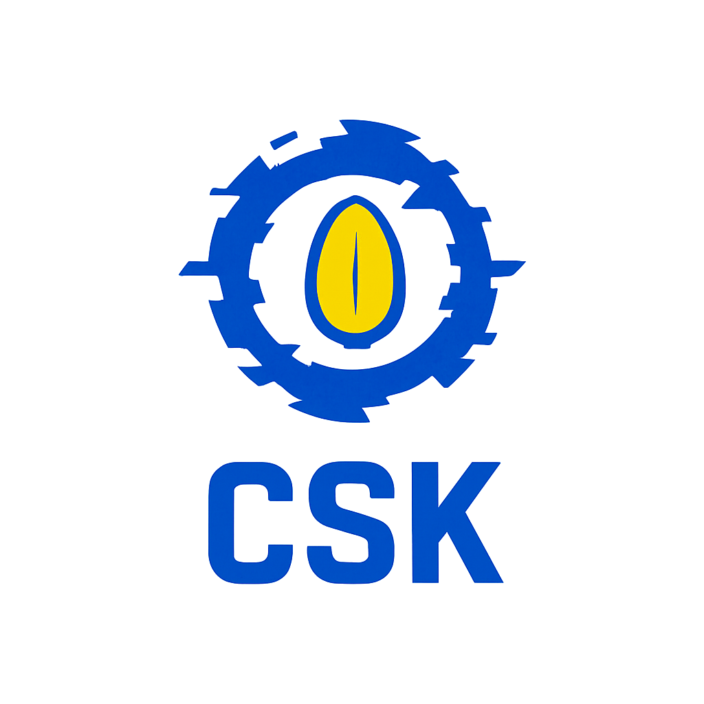 A blue gear surrounds a yellow almond-shaped central figure, with the text 'CSK' in blue below the gear.