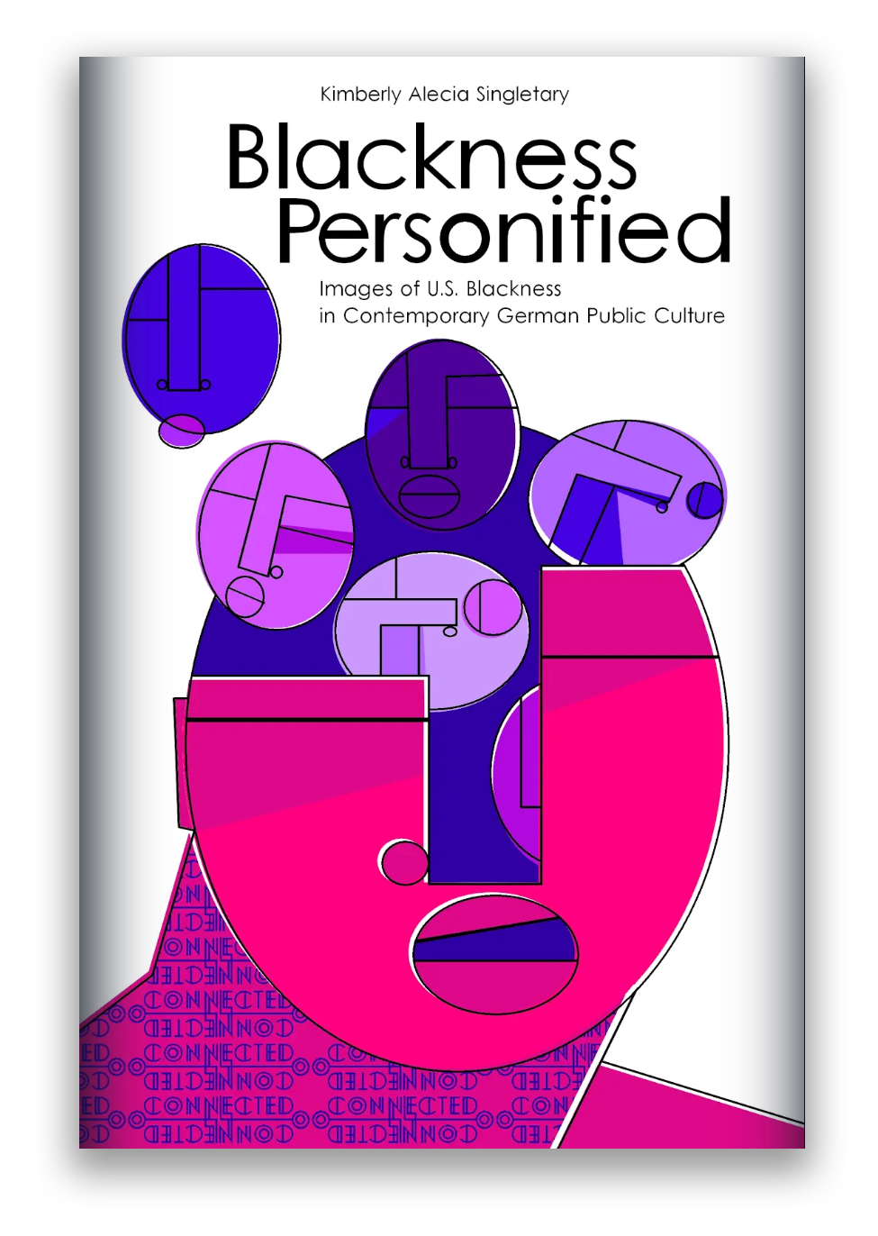 book cover with purple and magenta faces resembling masks