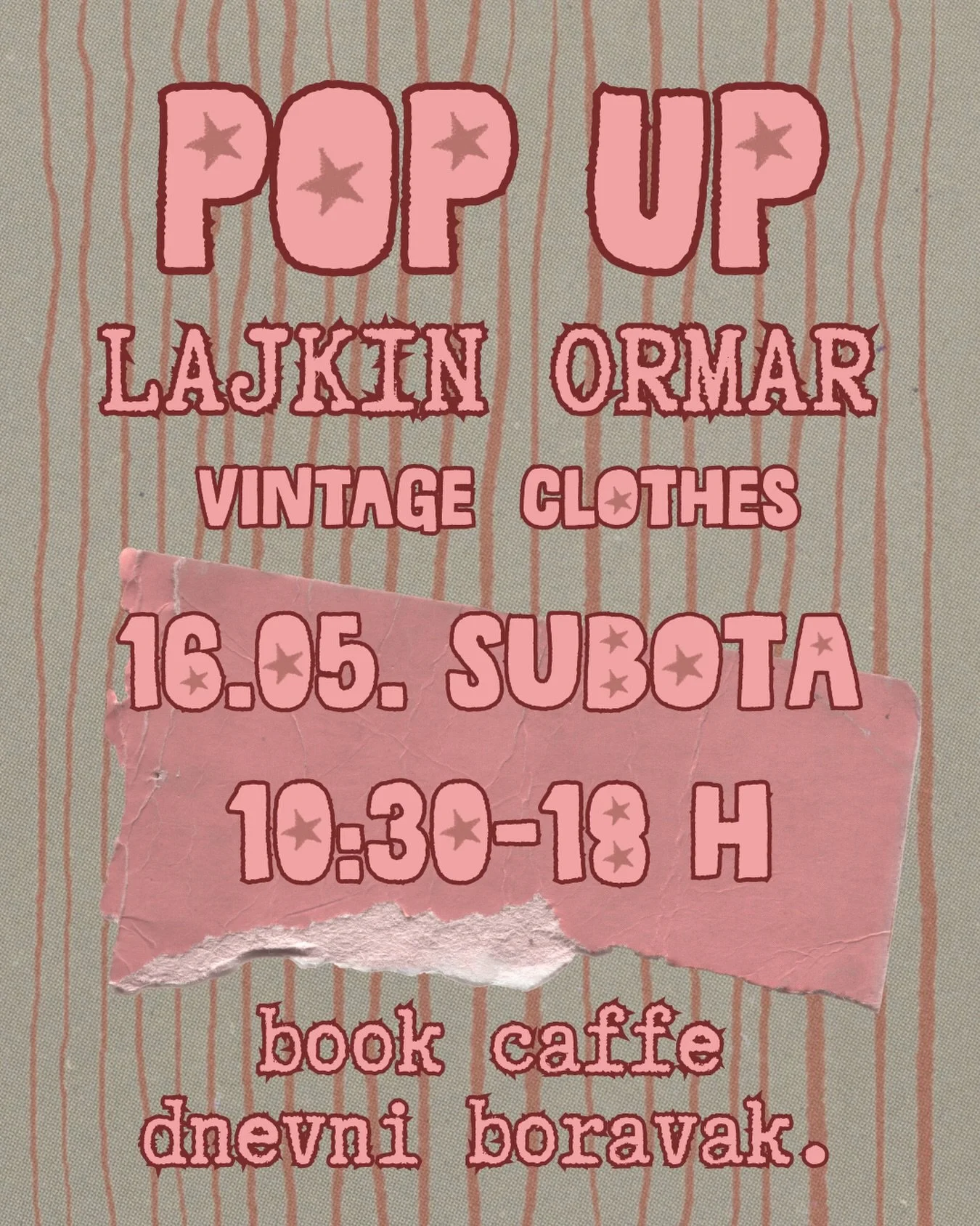 ⚠️ SAVE THE DATE: Lajkin Ormar POP UP u @dnevniboravak 🪭

📍 Book caffe Dnevni boravak
📅 16. svibnja | Subota
⏰ 10:30 - 18:00 h

Ponovo se družimo u Rijeci u predivnom @dnevniboravak!
Ovaj put dolazim s proljetnim i ljetnim vintage komadima koji če