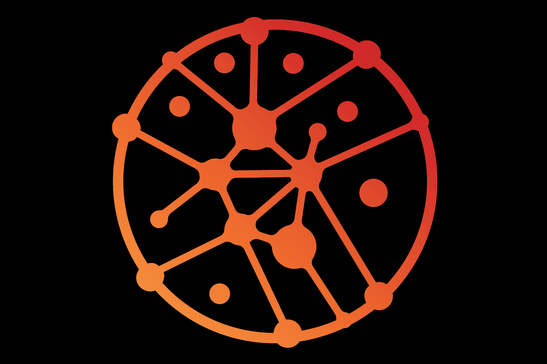 An orange and red stylized network or neural diagram on a black background, resembling a brain or interconnected nodes.