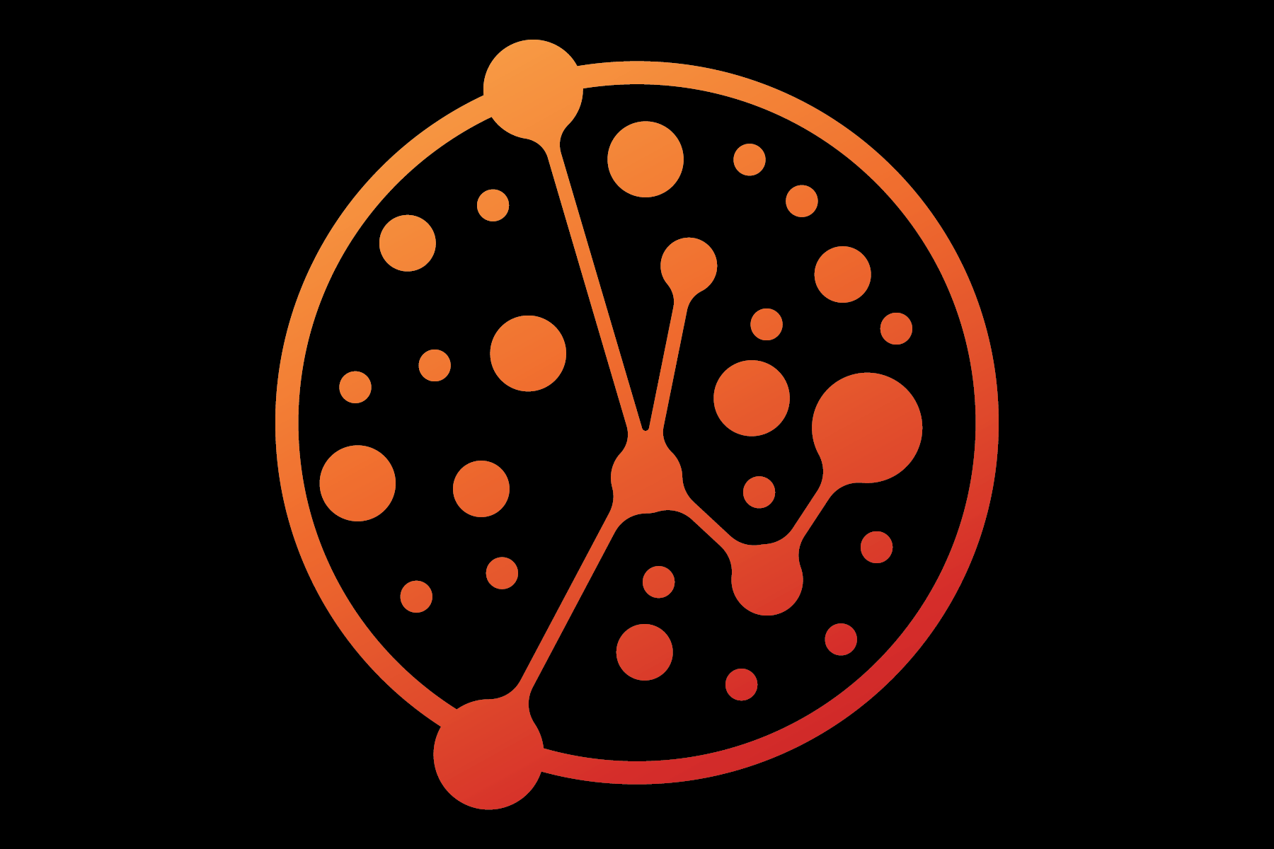 A digital illustration of a clock with a black background and orange gradient outline and numbers, indicating time.