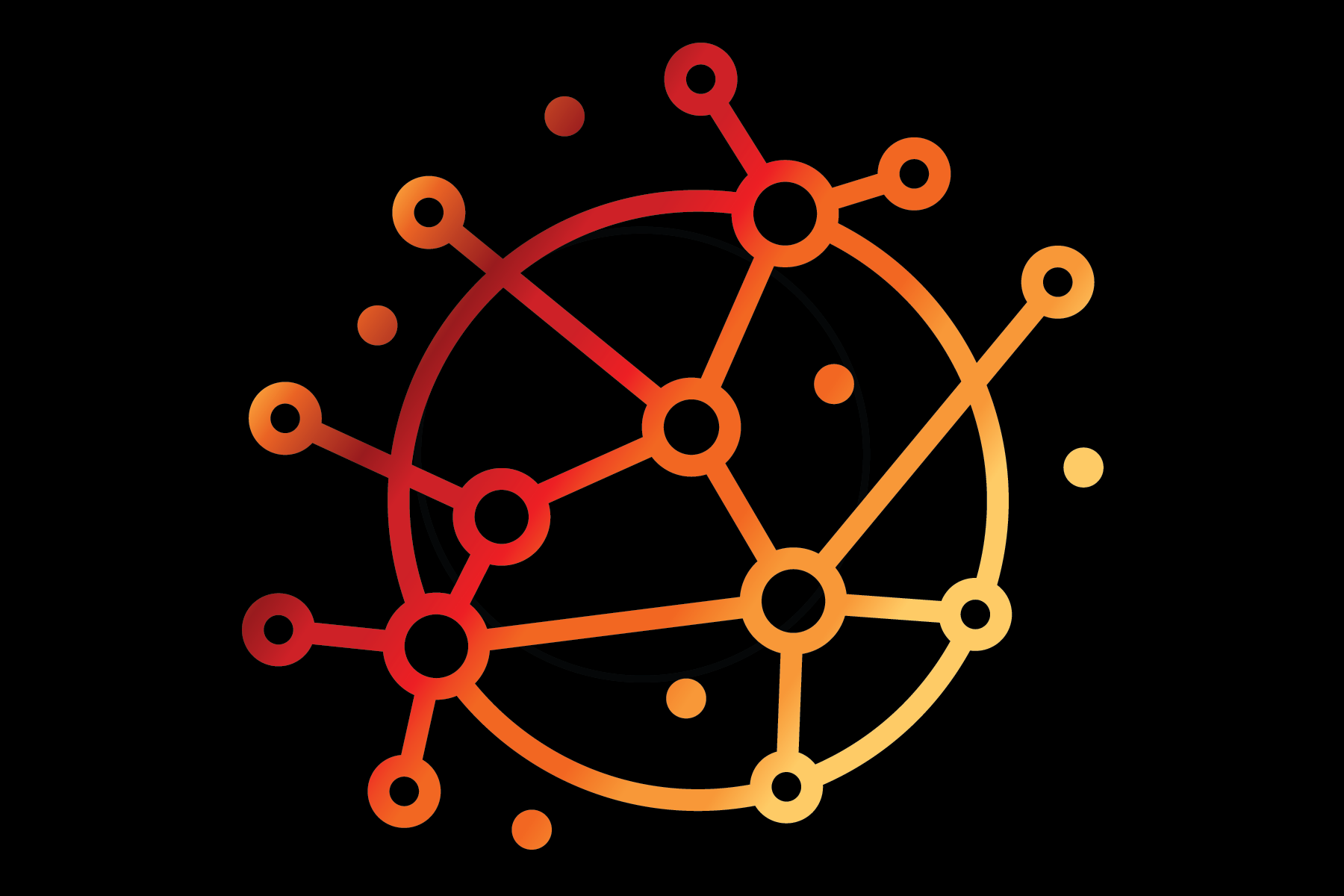 A stylized, interconnected network of nodes and lines in shades of red, orange, and yellow on a black background, resembling a digital or neural network graph.