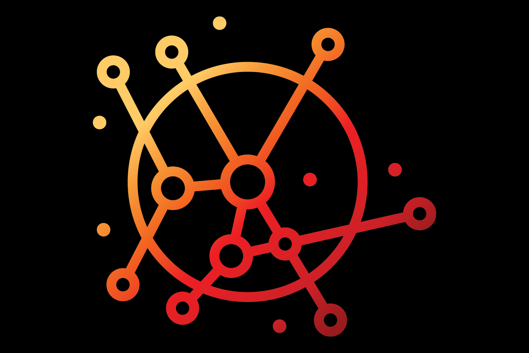 Stylized digital illustration of a network or virus structure with interconnected nodes in shades of yellow, orange, and red on a black background.