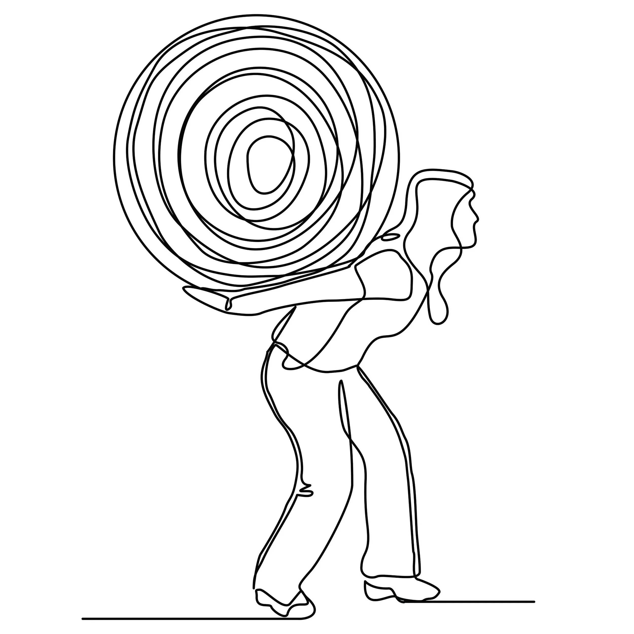 Line drawing of a person holding a magnifying glass, with a spiraling circle pattern on their head.