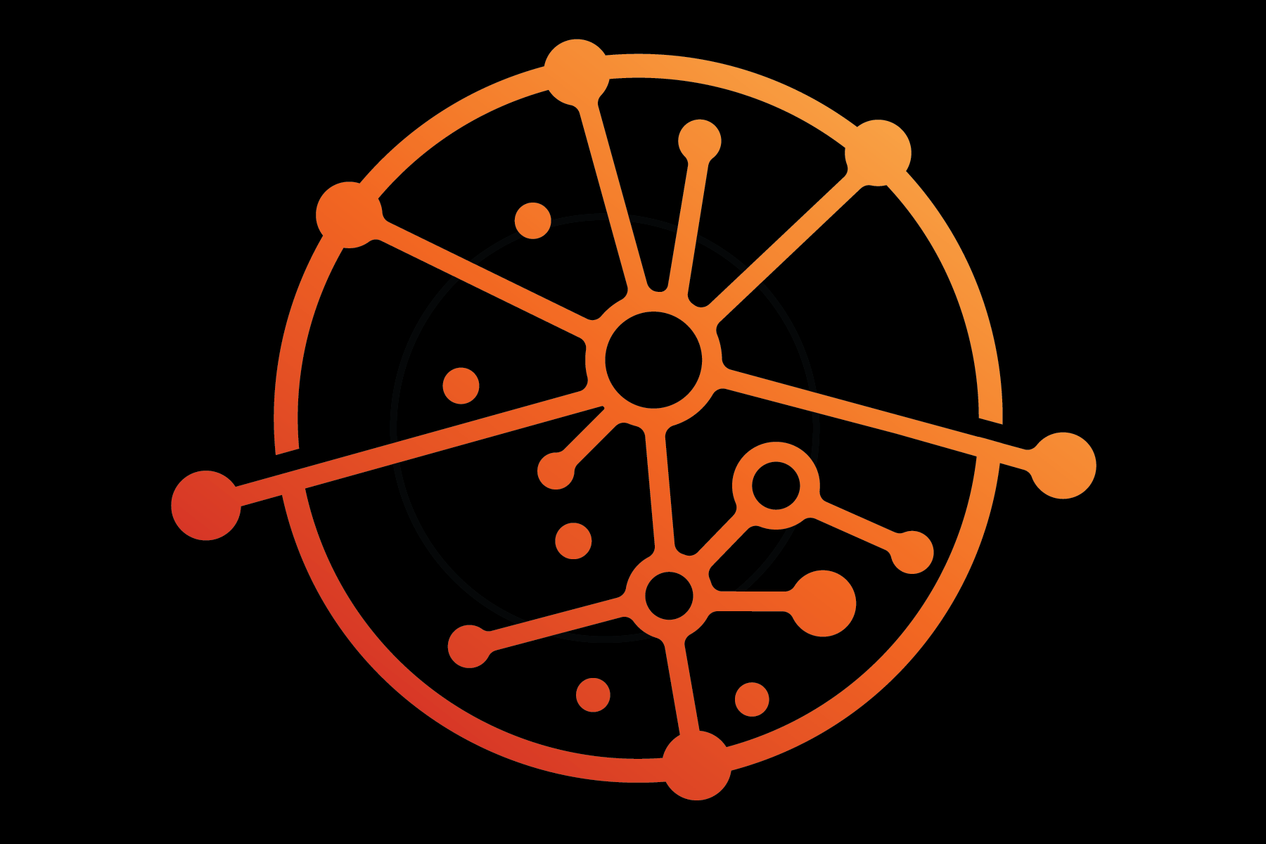 A digital graphic of a stylized orange and red planetary or celestial body, with connected lines and dots resembling a network or constellation pattern, set against a black background.
