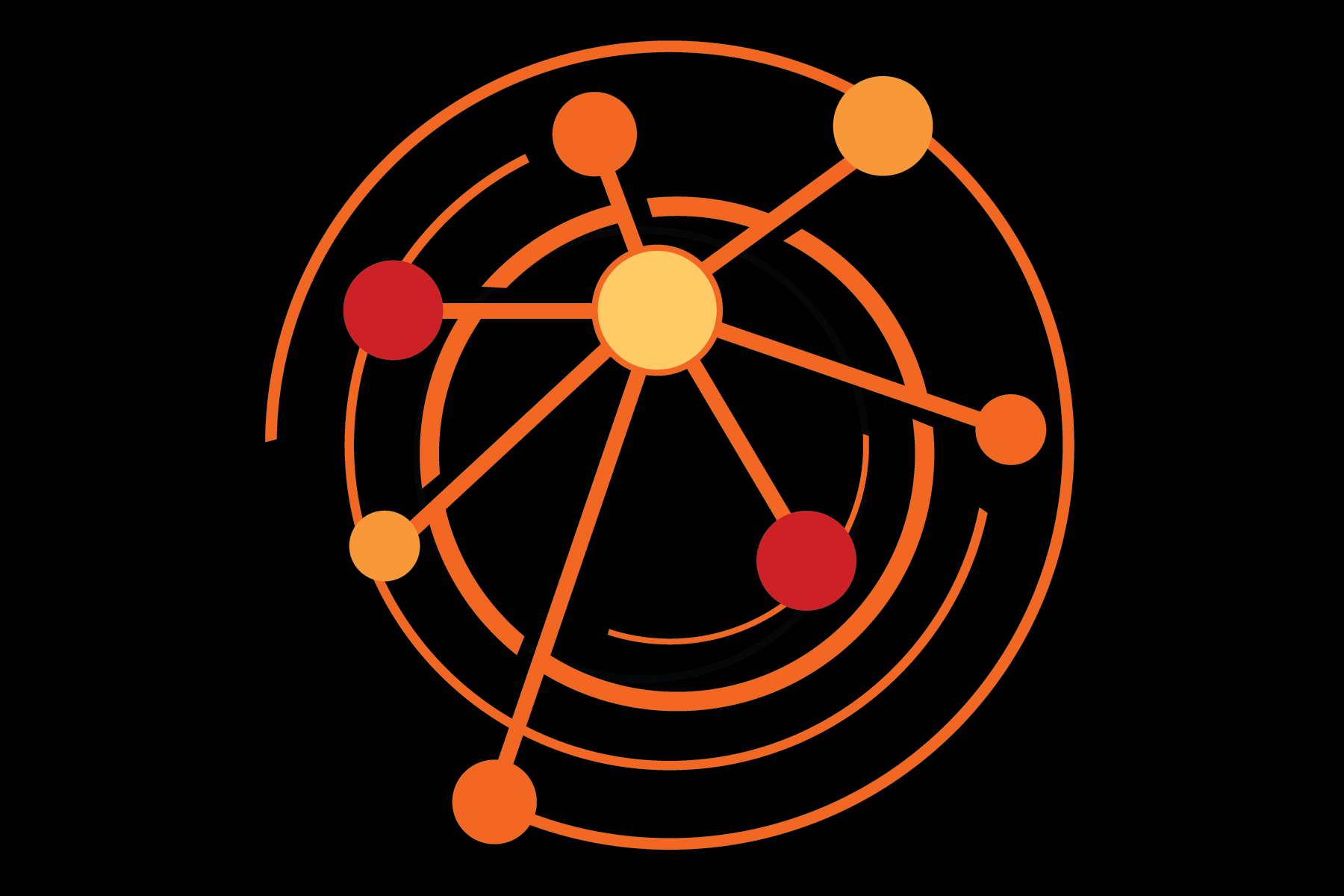 Illustration of an atomic or molecular structure with orange and red spheres connected by lines, set against a black background.