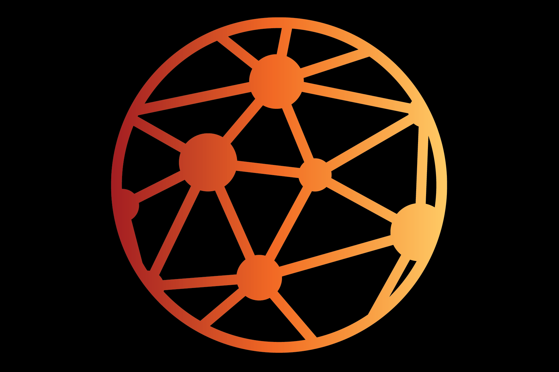 An orange digital illustration of a globe with interconnected nodes and lines on a black background.