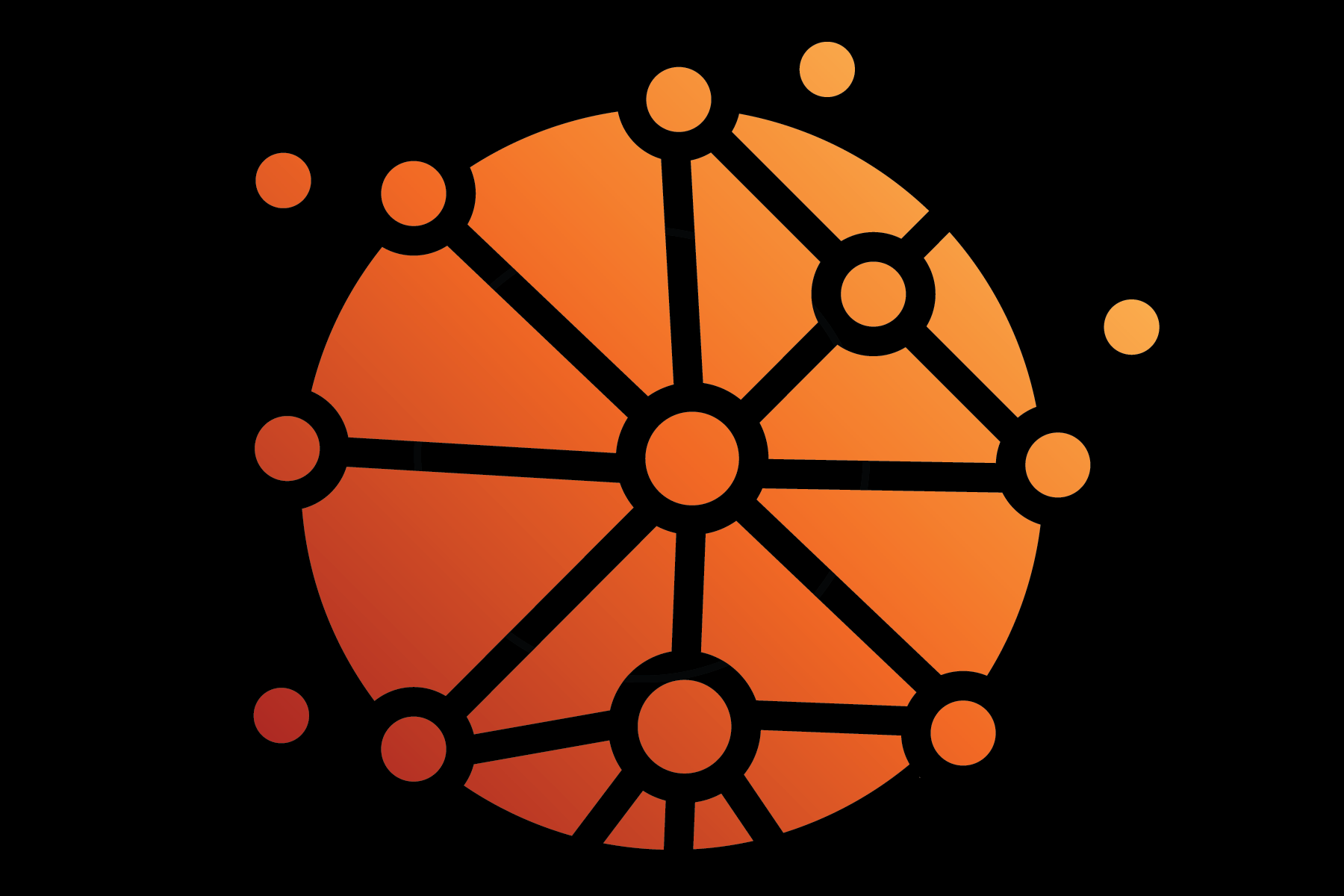 Graphic representation of a network or connected nodes in orange and black colors on a black background.