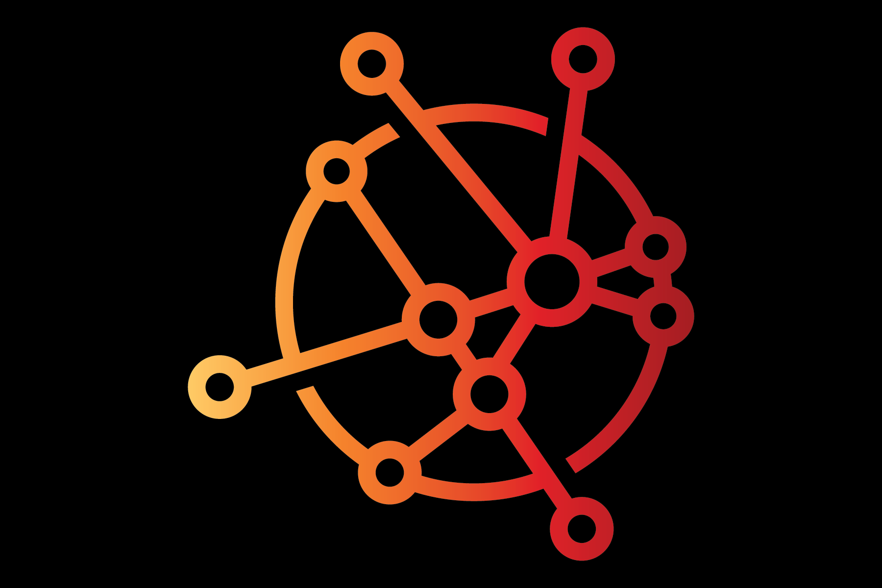 Abstract geometric network diagram with interconnected dots in gradient red and orange tones on black background.