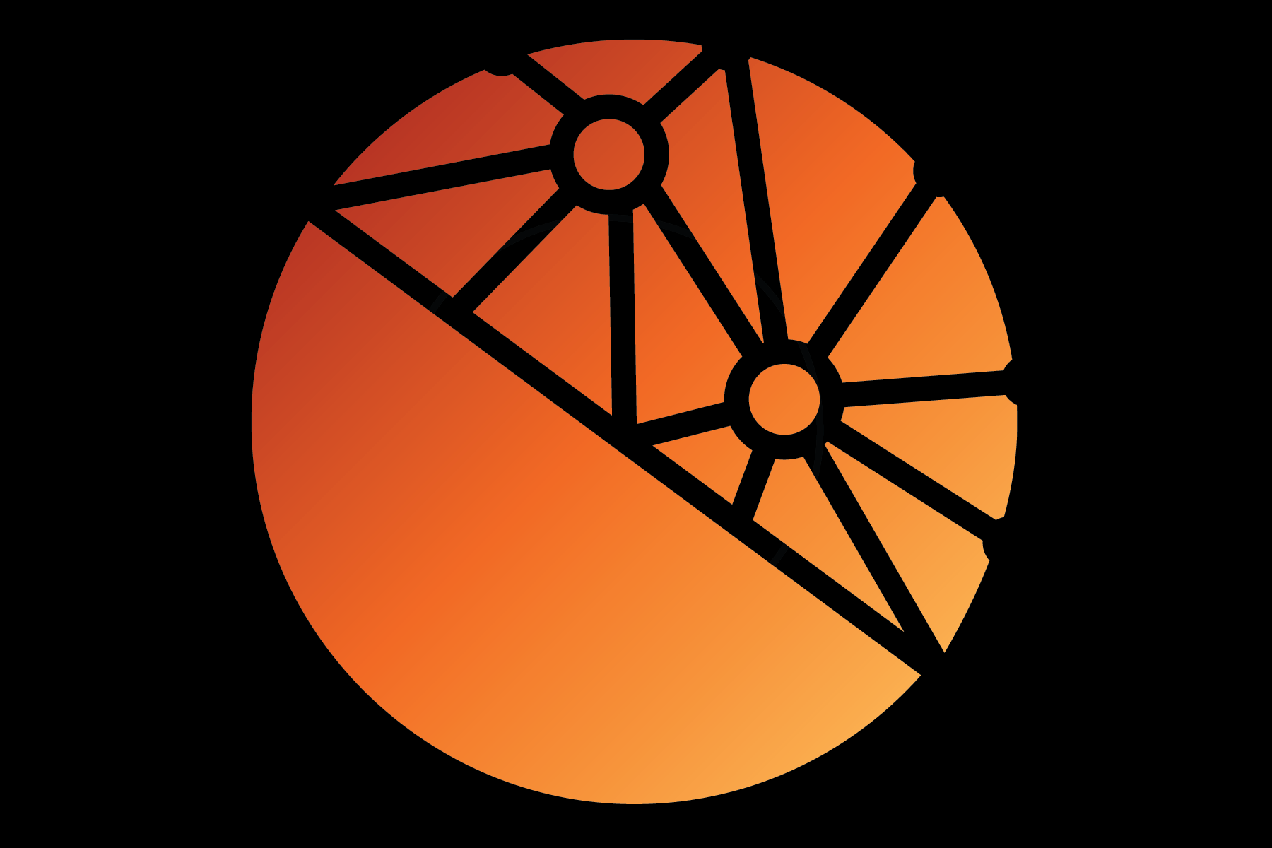 A stylized pie chart with orange and black colors, featuring section lines and circles, set against a black background.