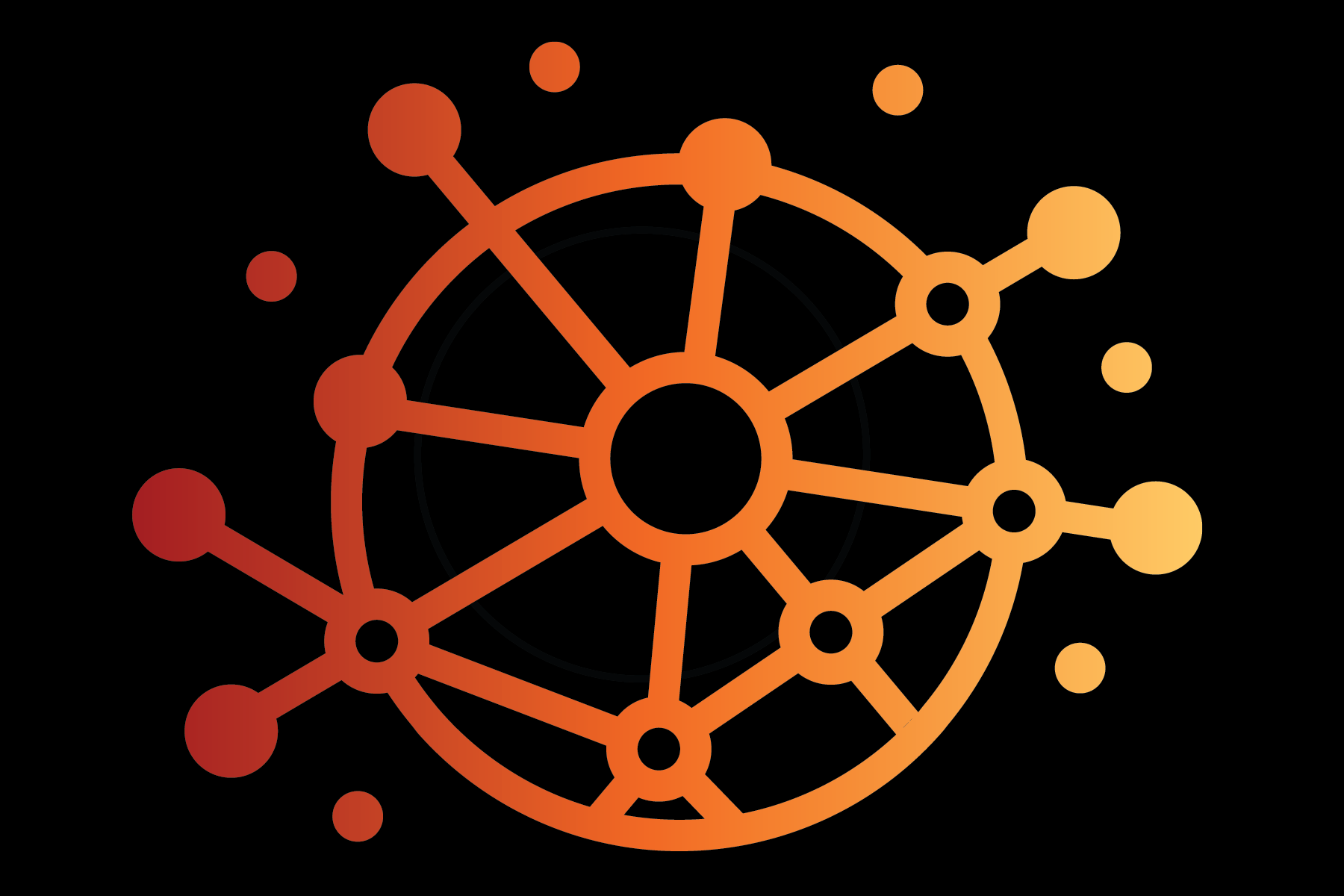 Digital illustration of a network or interconnected nodes with a gradient from red to yellow on a black background.