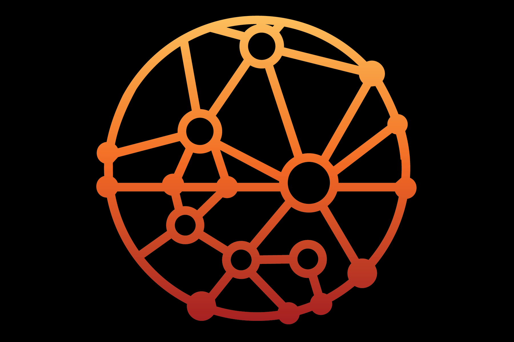 Illustration of a neural network or interconnected nodes in orange gradient on a black background.